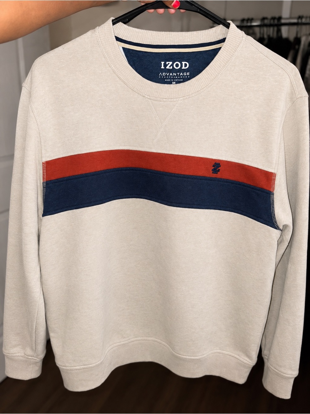Izod Crewneck Sweater in Cream with Rust and Navy Stripes